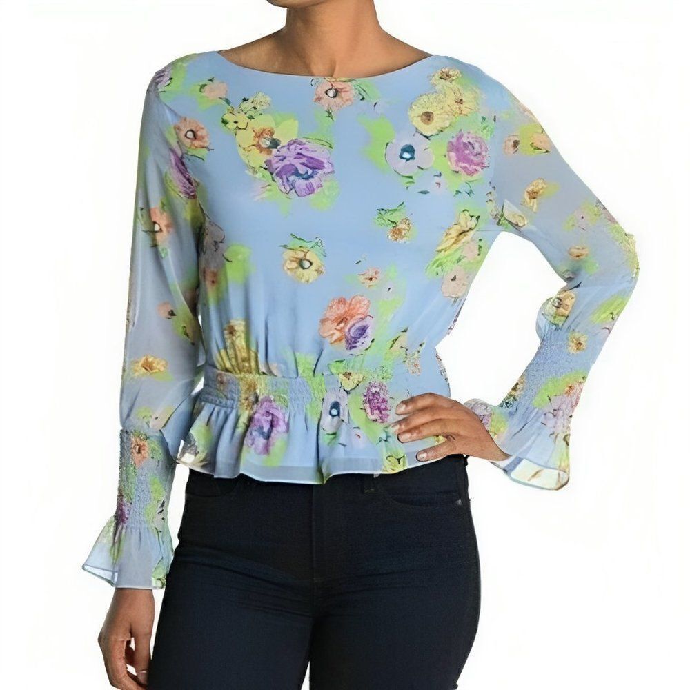 Jonathan Simkhai Women's Blue Floral Print Ruffle Elastic Waist Blouse Size XS